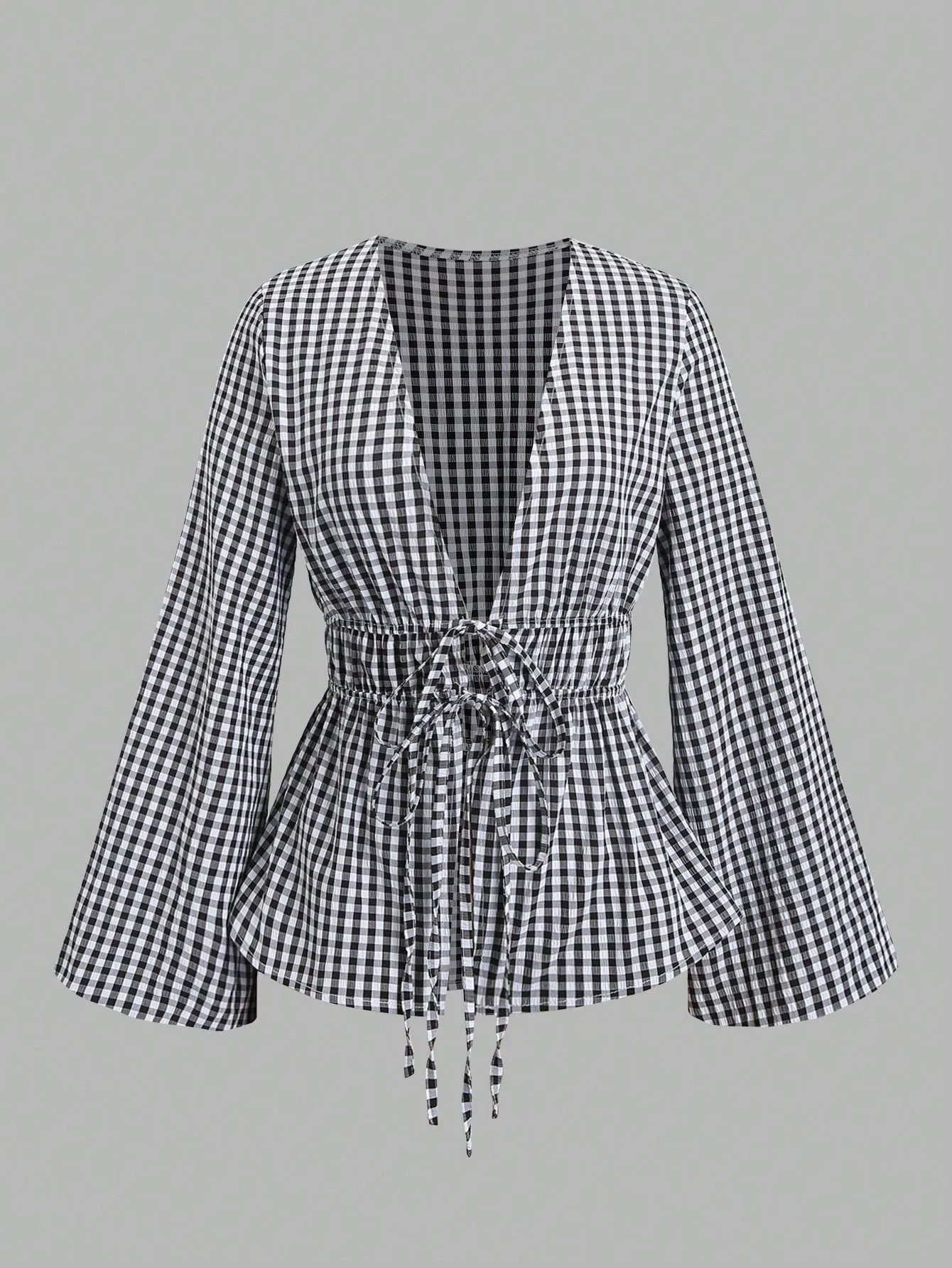 Women's Striped Wrap Blouse with Back Tie and Wide Sleeves