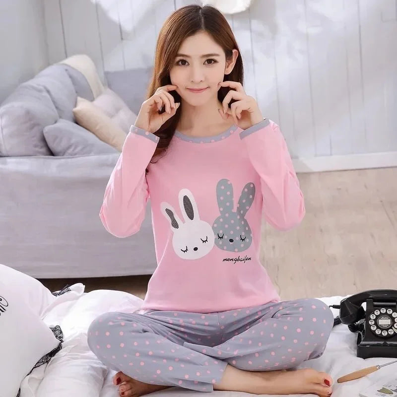 Women's Cartoon Print Long Sleeve Pajama Set with Top and Pants