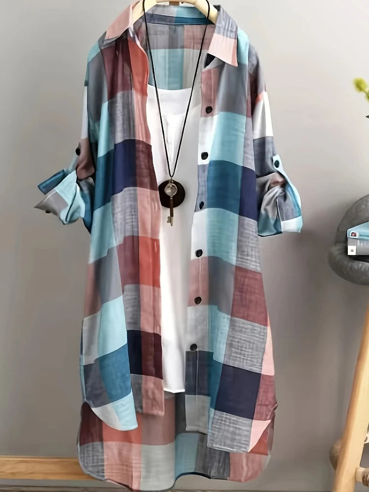 Women's Loose Checked Long Sleeve Collared Shirt
