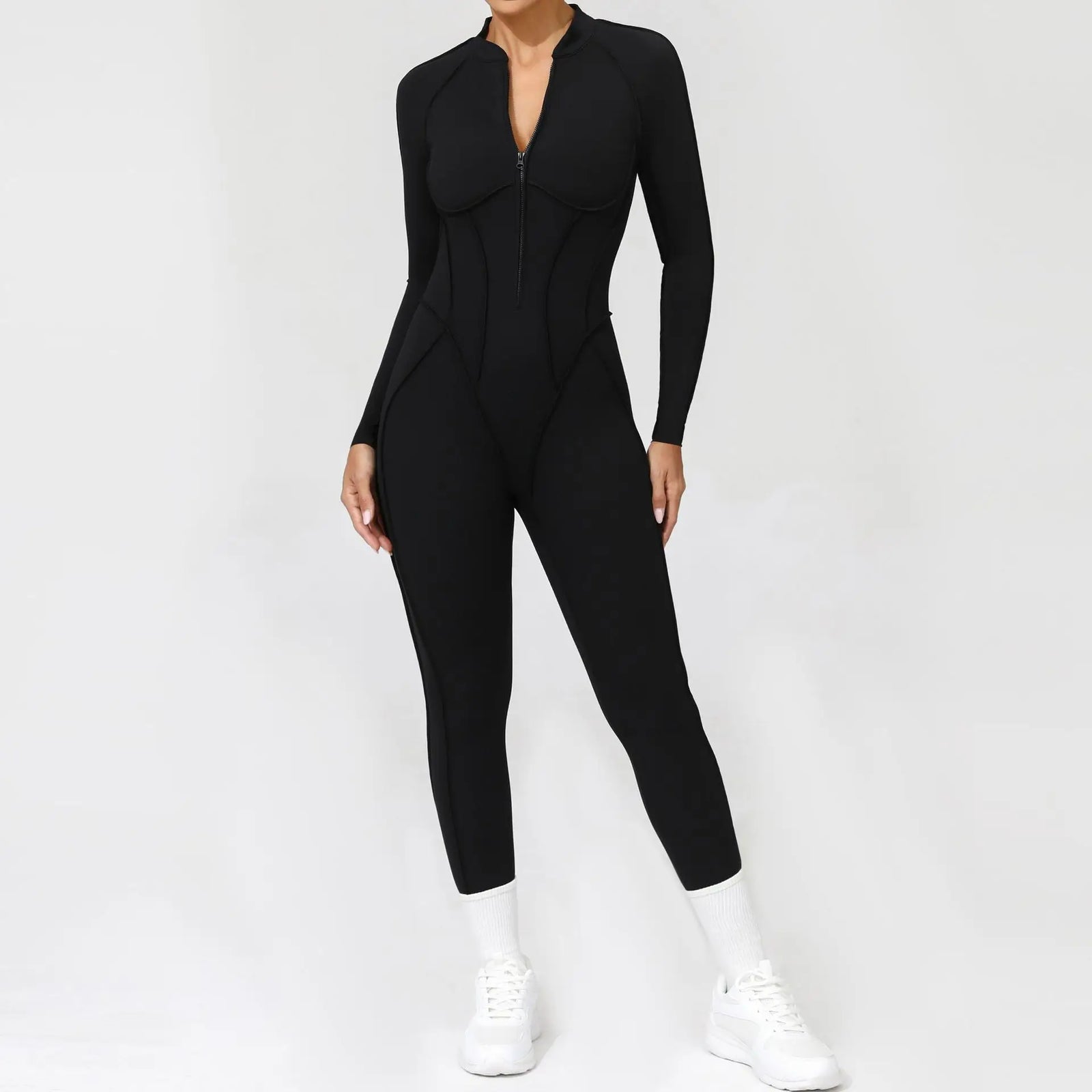 Women's Zip Front Contour Seam Workout One Piece in Long and Short Styles