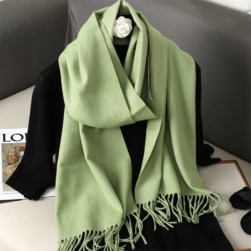 Solid Long Rectangular Scarf with Decorative Fringe Trim