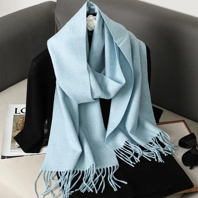 Solid Long Rectangular Scarf with Decorative Fringe Trim