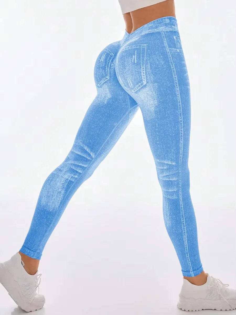 Women's Denim Look Full Length Leggings For Workout Outfits