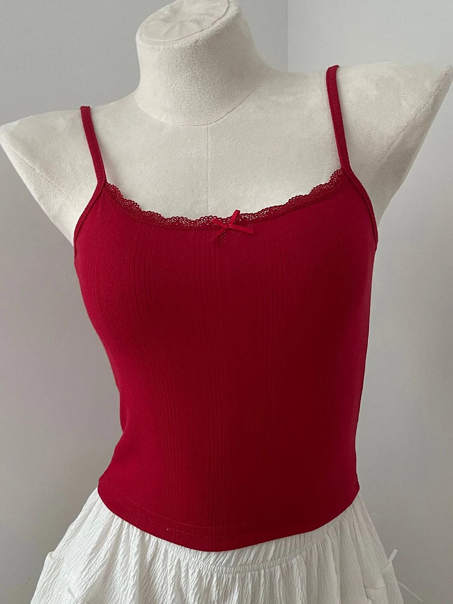 Women's Lace Trim Cotton Camisole with Bow Detail and Multiple Pattern Options