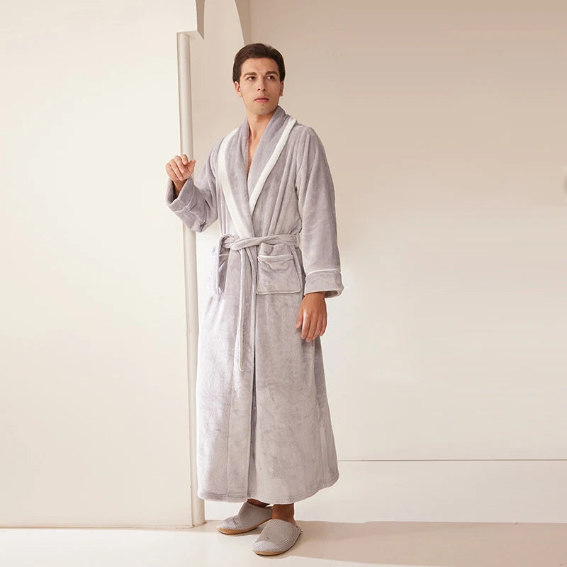 Long Flannel Fleece Tie Waist Bathrobe with Pockets