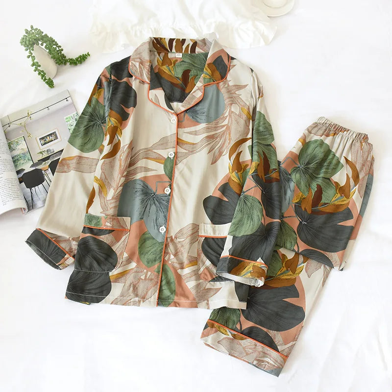 Women's Printed Button Front Pajama Set with Top and Pants