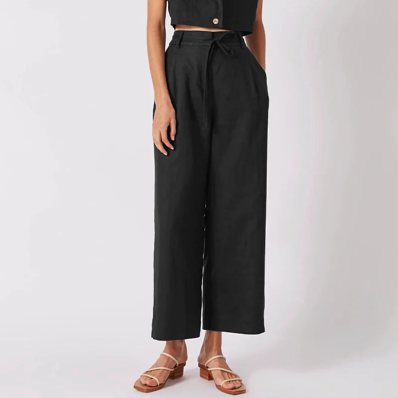Women's Linen High-Waist Wide-Leg Pants with Tie Detail for Casual Everyday Outfits