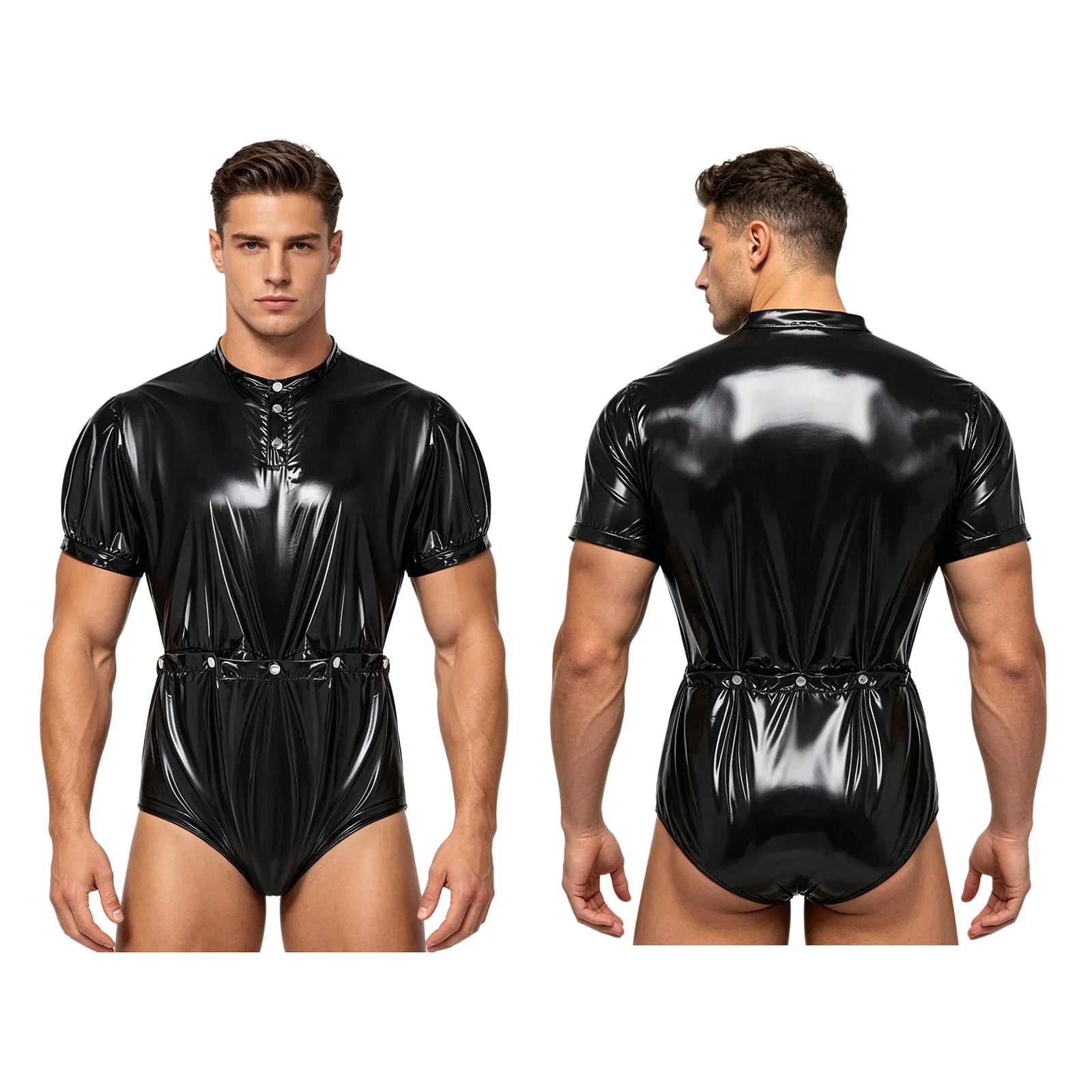 Men's One-Piece Swimsuit with Back Zipper and Crotch Button Details