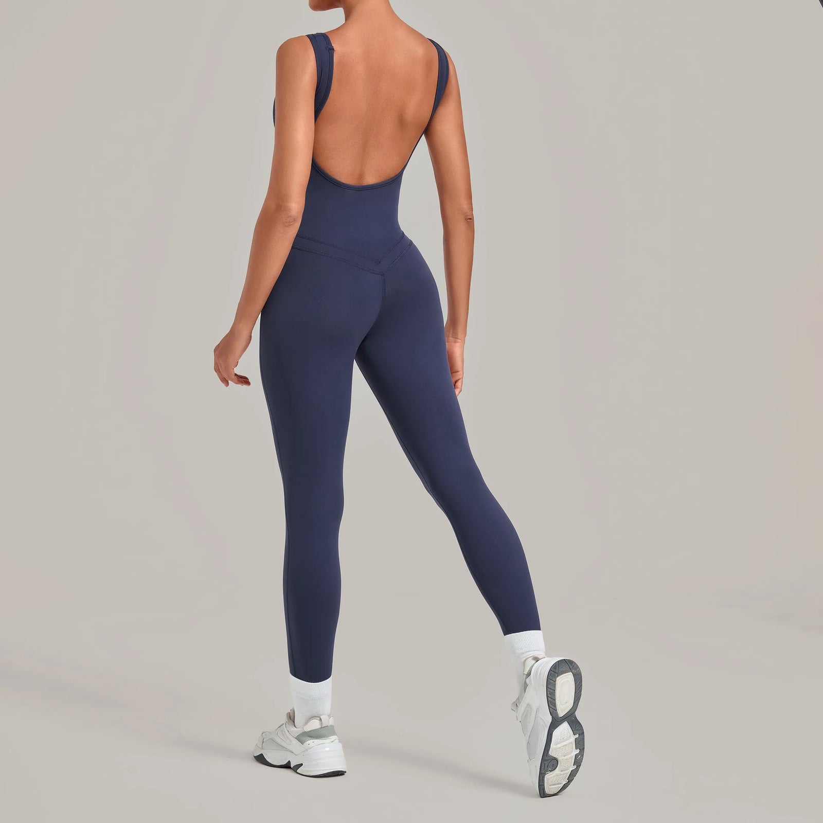 Women's Wide Strap Nylon Blend Workout Jumpsuit with Low Scoop Back