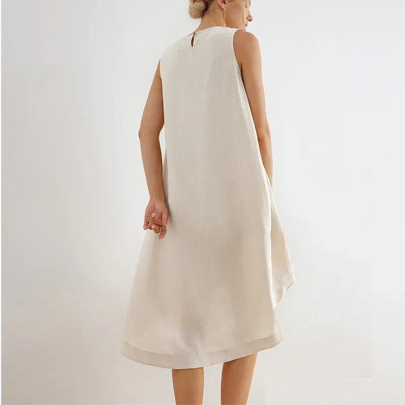 Women's Linen Sleeveless Loose A-Line Dress with Round Neck and Asymmetric Hem