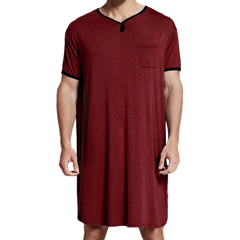 Men's Solid Short Sleeve Button Neck Lounge Sleep Nightdress