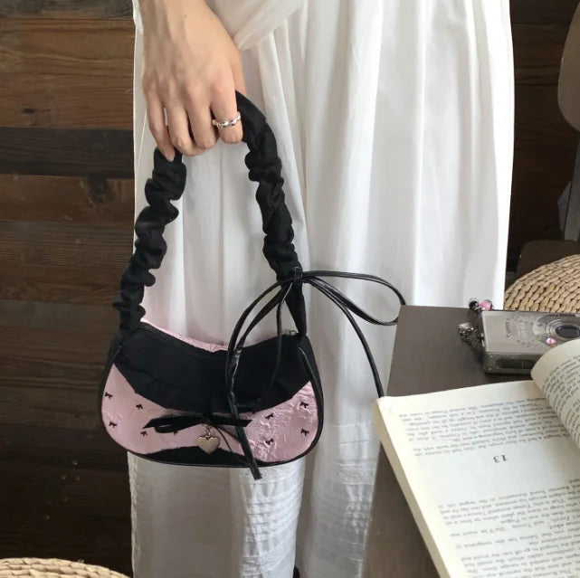 Ribbon Shoulder Handbag with Gathered Handle and Decorative Lace