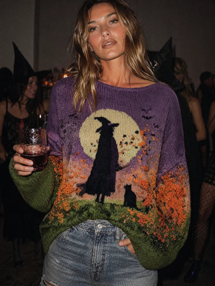 Women's Halloween Witch Graphic Crew Neck Sweater Casual Knit Layer