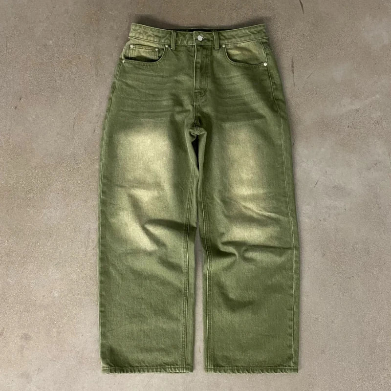 Men's Green Ball Embroidered Wide Leg Denim Jeans for Casual Everyday Wear