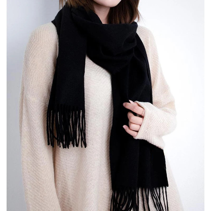Solid Long Wool Scarf with Decorative Fringed Ends