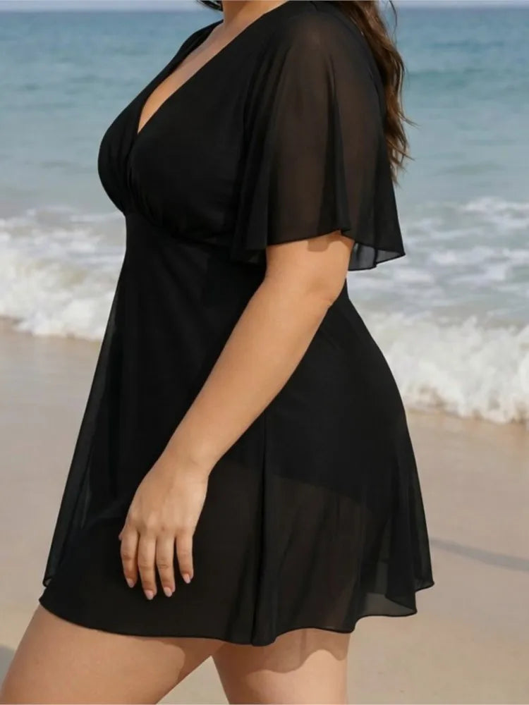 Women's Flutter Sleeve V Neck Skirted Swimdress Bathing Suit