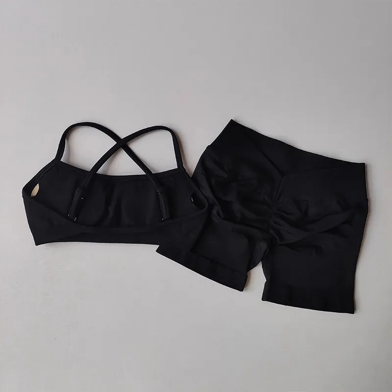 Women's Cross Strap Bra And Shorts Yoga Set