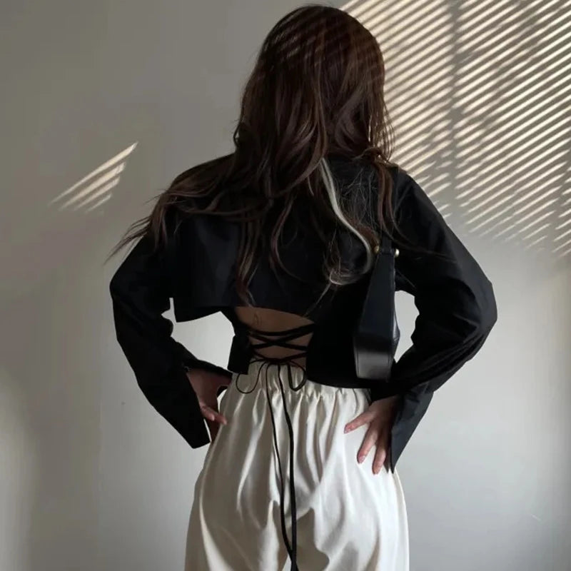 Women's Open Back Long Sleeve Tie Waist Shirt