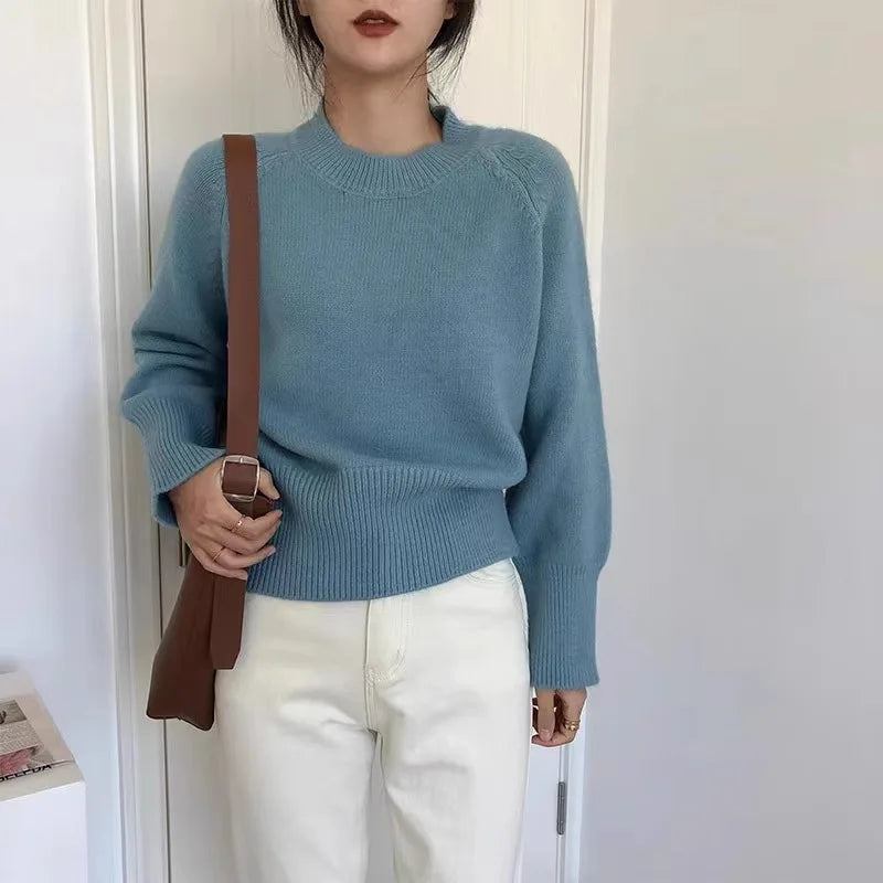 Pure wool retro sweater crewneck pullover short knitwear women's top trend