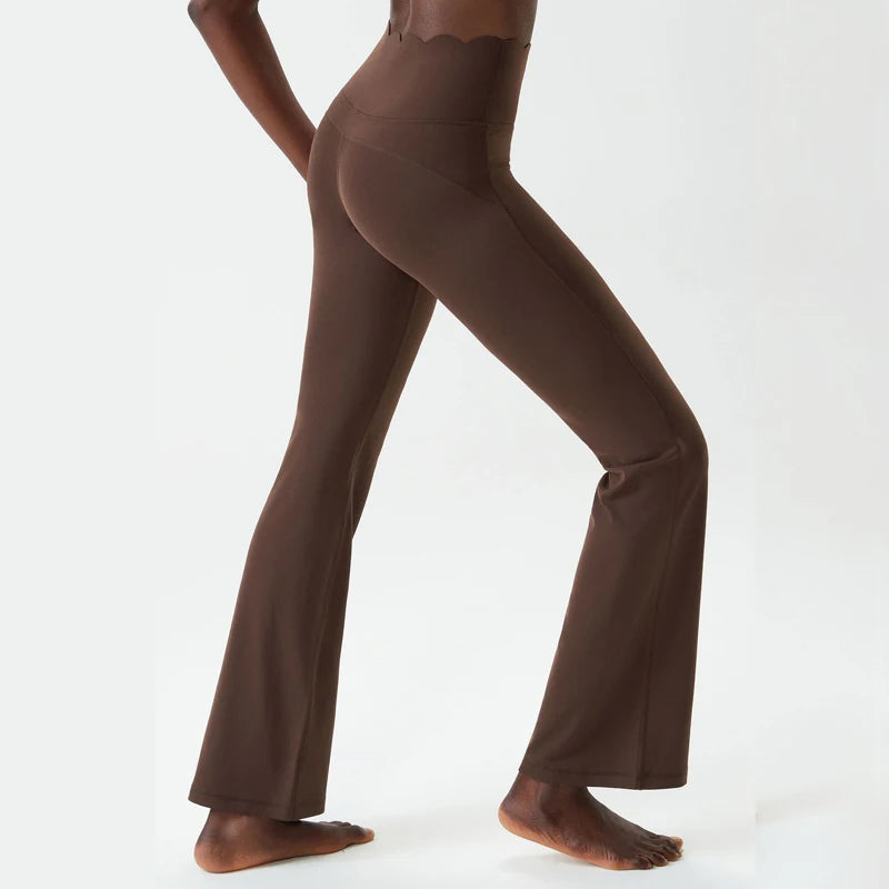 Women's High Waist Nylon Blend Flared Pants with Scalloped Waistband Edge