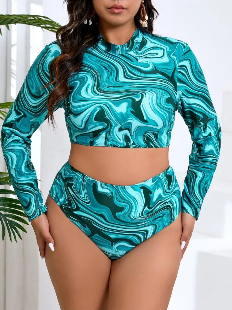 Women's Printed Long Sleeve Bikini with Matching Wrap Skirt