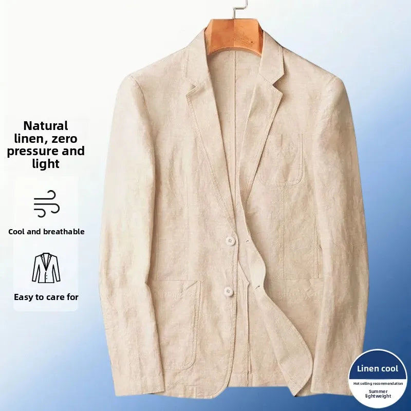 Men's Linen Long-Sleeve Notched-Lapel Single-Breasted Blazer for Smart Casual Everyday Layered Outfits