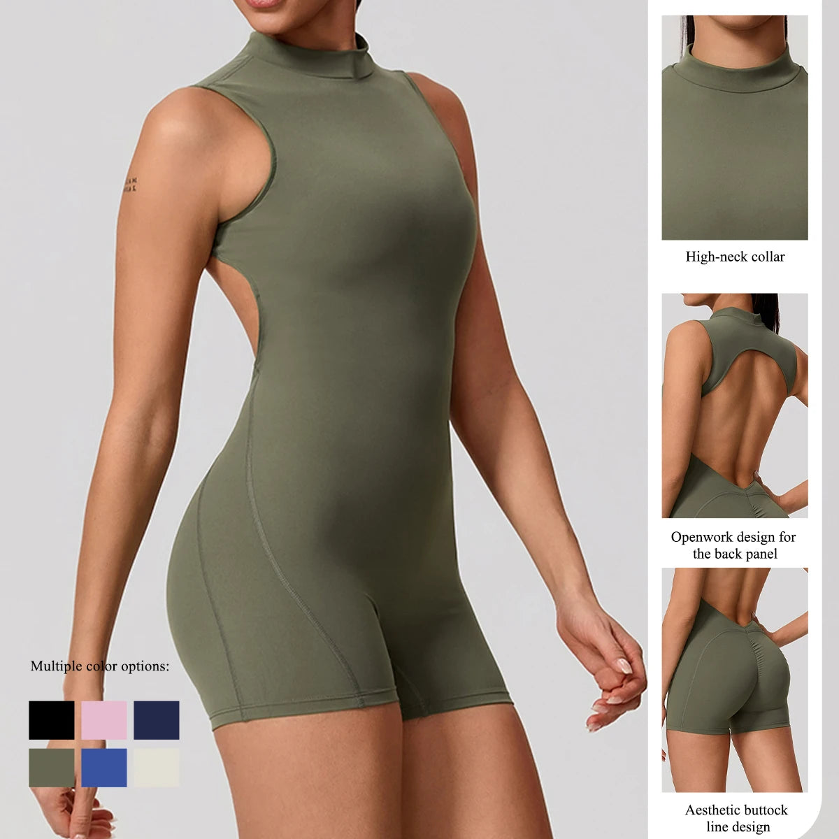Women's High Neck Nylon Blend Workout Romper with Oval Back Cutout