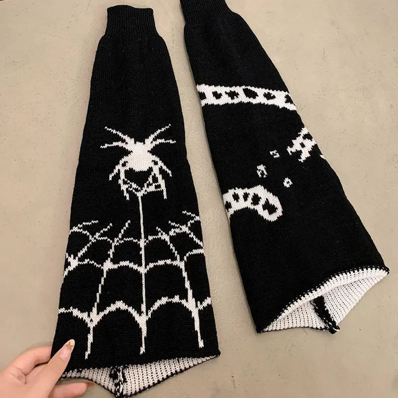 Patterned Knit Leg Warmers with Spiderweb and Heart Designs