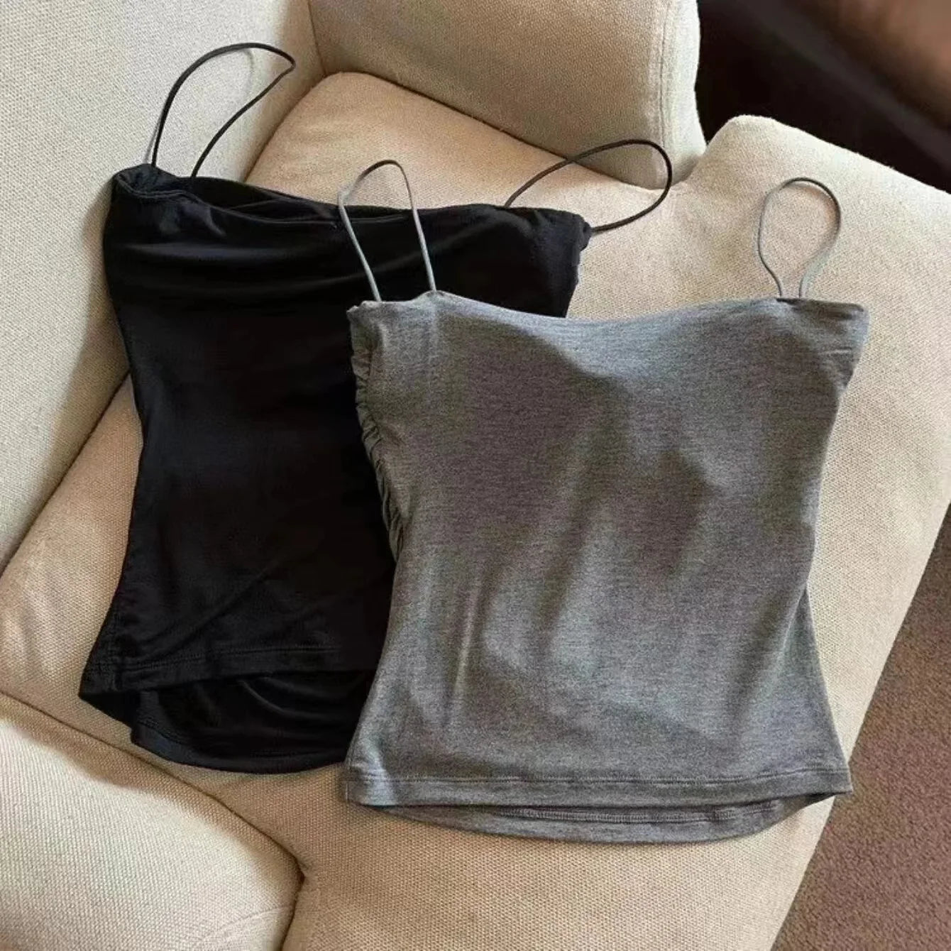 Women's Ruched Polyamide Camisole with Thin Straps and Straight Neckline