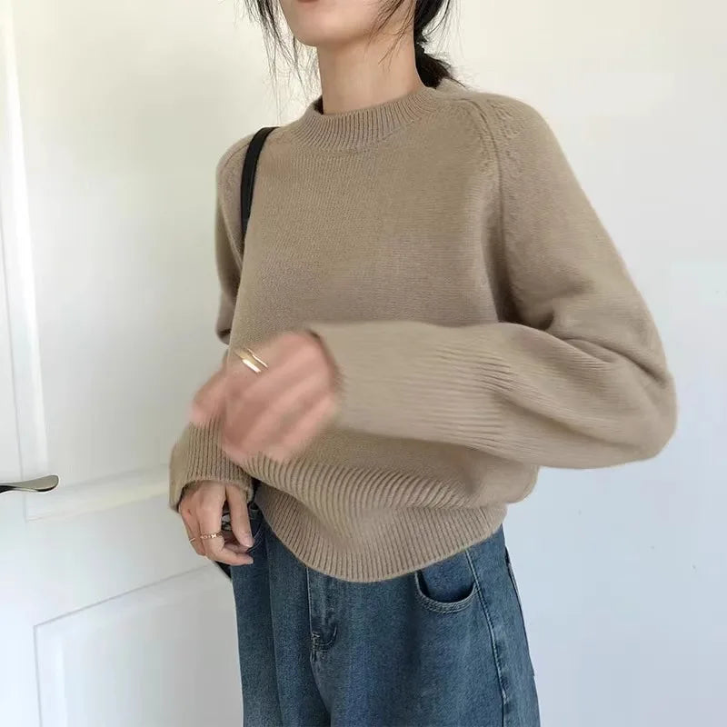 Pure wool retro sweater crewneck pullover short knitwear women's top trend