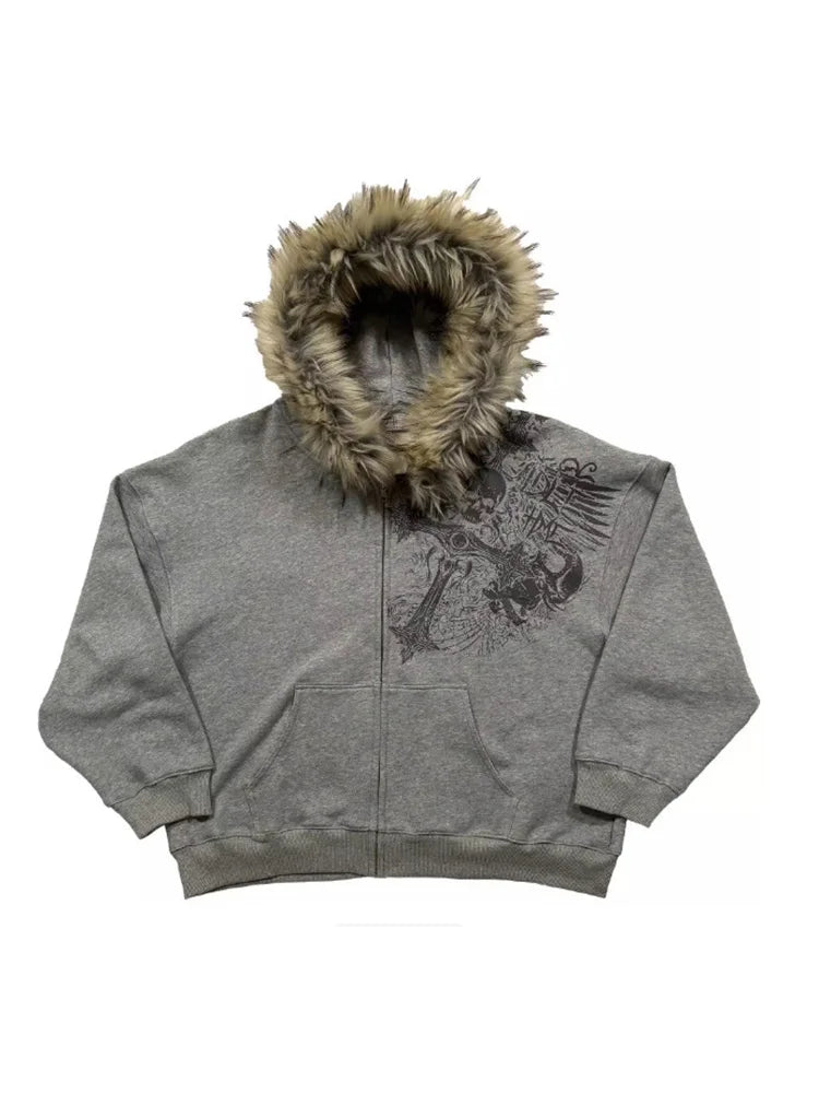 Fluffy Trim Long Sleeve Full Zip Casual Hoodie