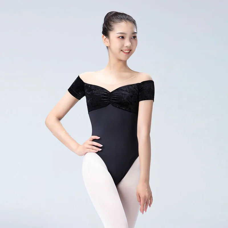 Women's Short Sleeve Ballet Leotard with Velvet Panels and Open Back