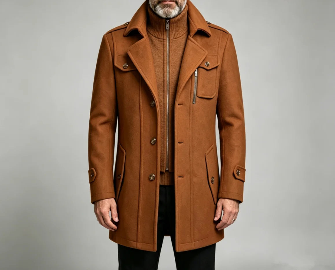 Men's Collared Button Front Long Coat
