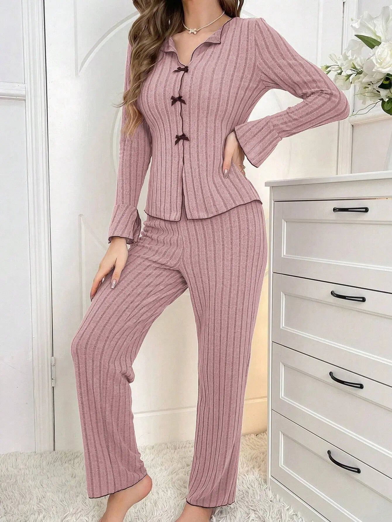 Women's Bow Front Ribbed Long Sleeve Pajama Set with Top and Pants