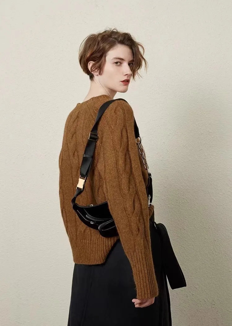 European autumn and winter cashmere sweater women's crewneck twist sweater loose cover to wear pure wool knitted bottom thick