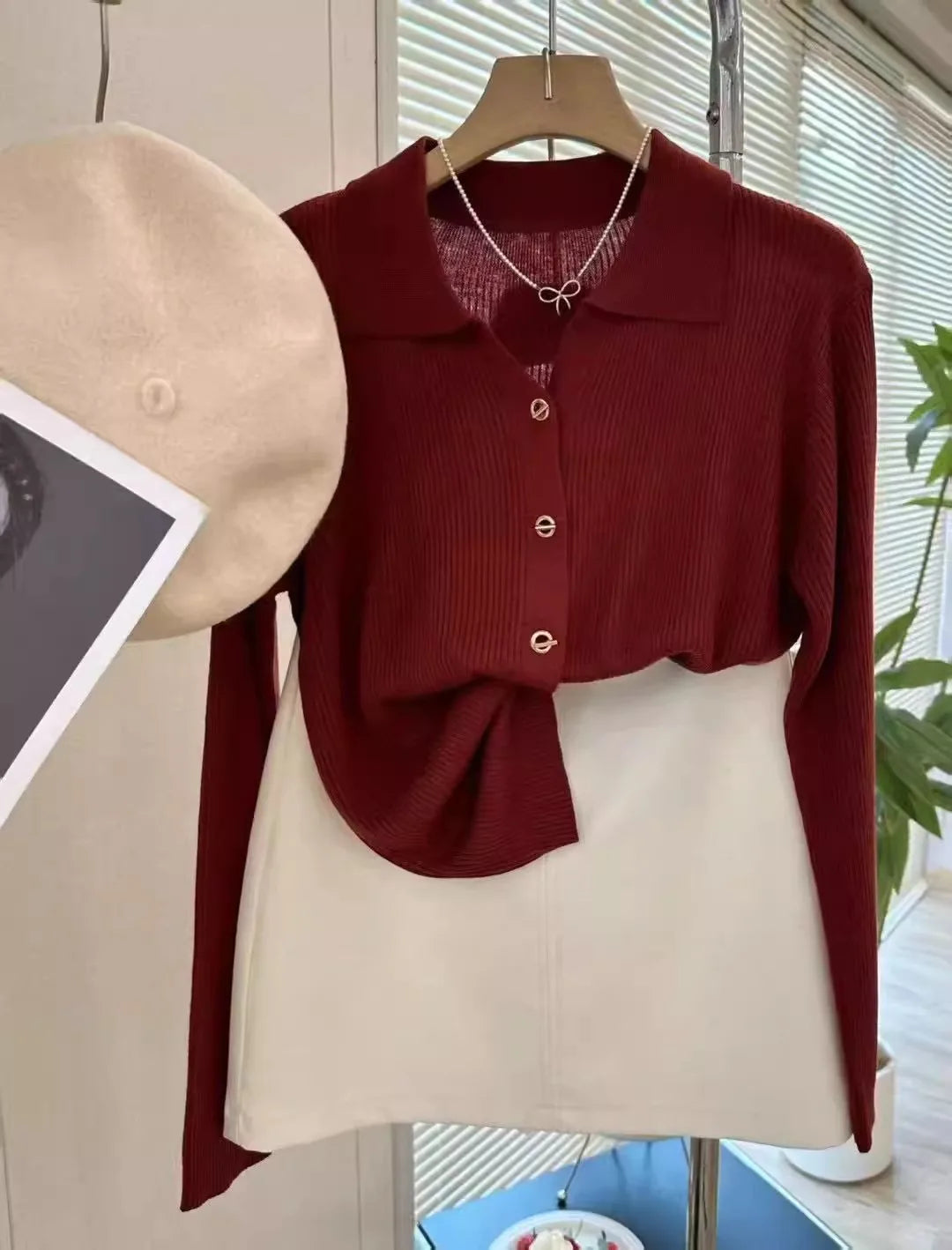 POLO lapel cashmere knit cardigan women's spring and autumn thin loose sweater short wool coat