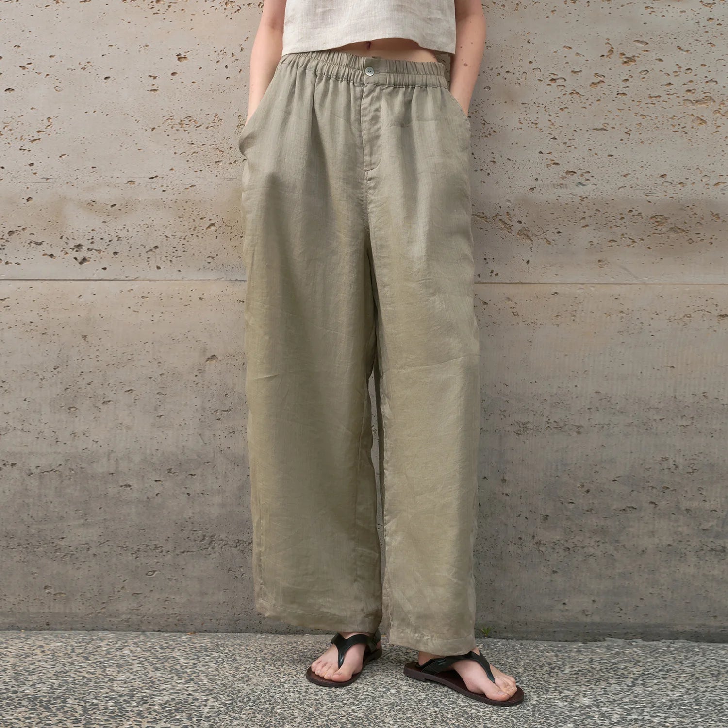Women's Ramie Loose Straight-Leg Full-Length Pants with Elastic Waist and Side Pockets