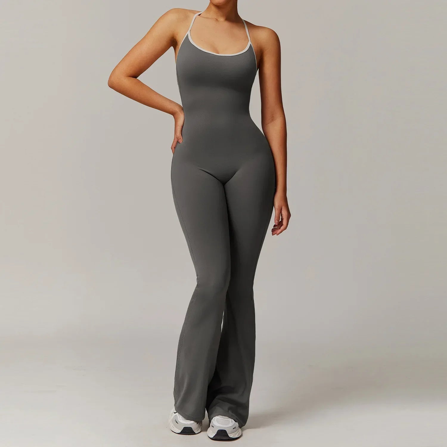 Women's Cross Back Polyester Blend Flared Workout Jumpsuit with Contrast Straps