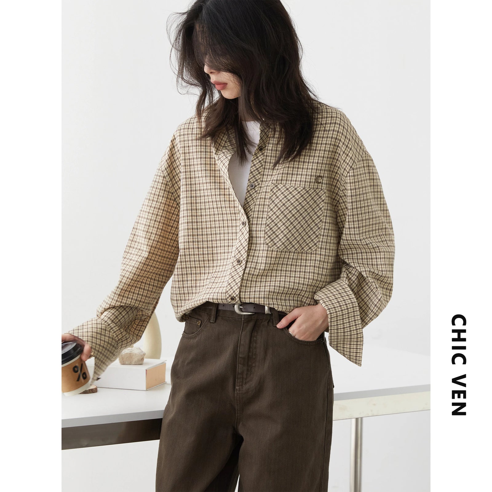 Women's Checked Long Sleeve Shirt with Plain Colour Options