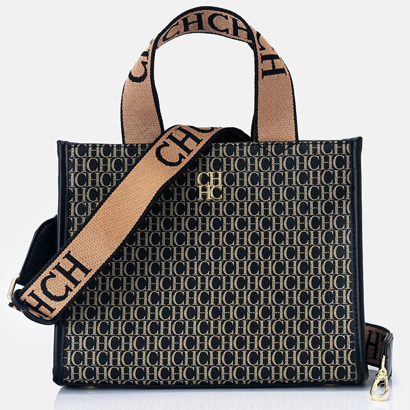 Women's Monogram Tote Handbag with Carry Handles and Shoulder Strap