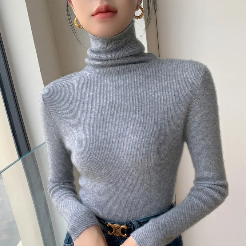 Women's Fitted Roll Neck Long Sleeve Sweater Casual Knit Layer