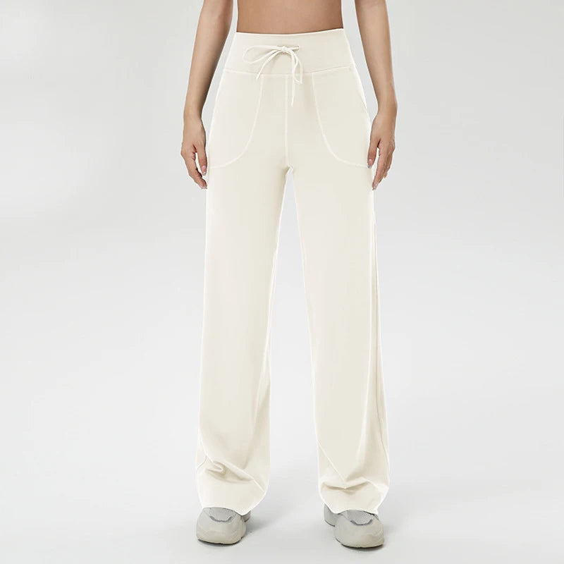 Women's Drawstring Waist Nylon Blend Wide Leg Pants for Yoga Practice