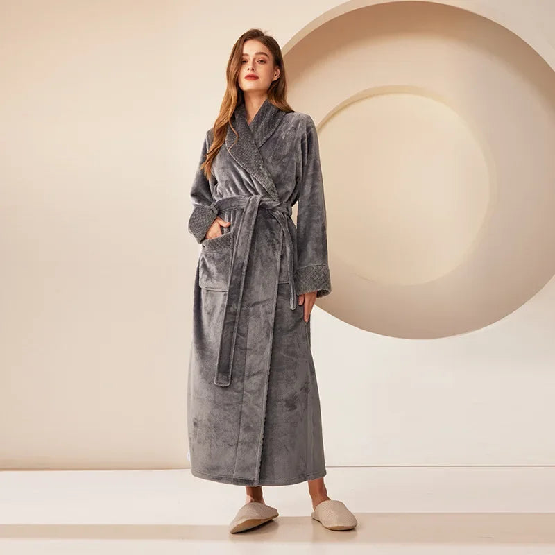 Long Flannel Fleece Tie Waist Bathrobe with Pockets