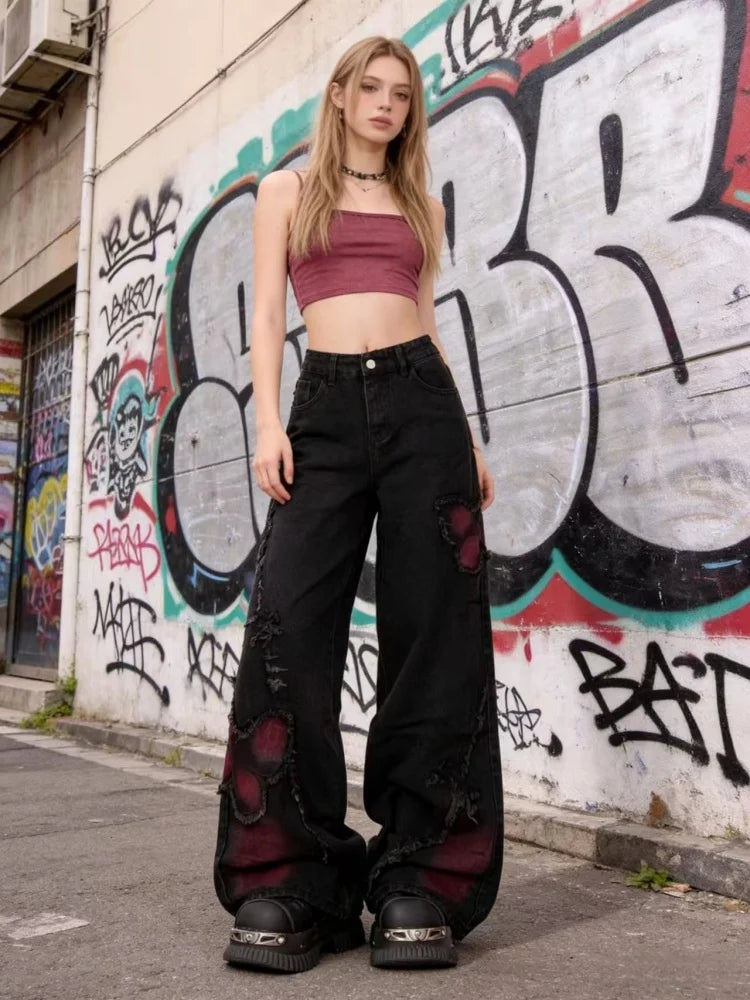 Women's Black Butterfly Graphic Wide Leg Denim Jeans