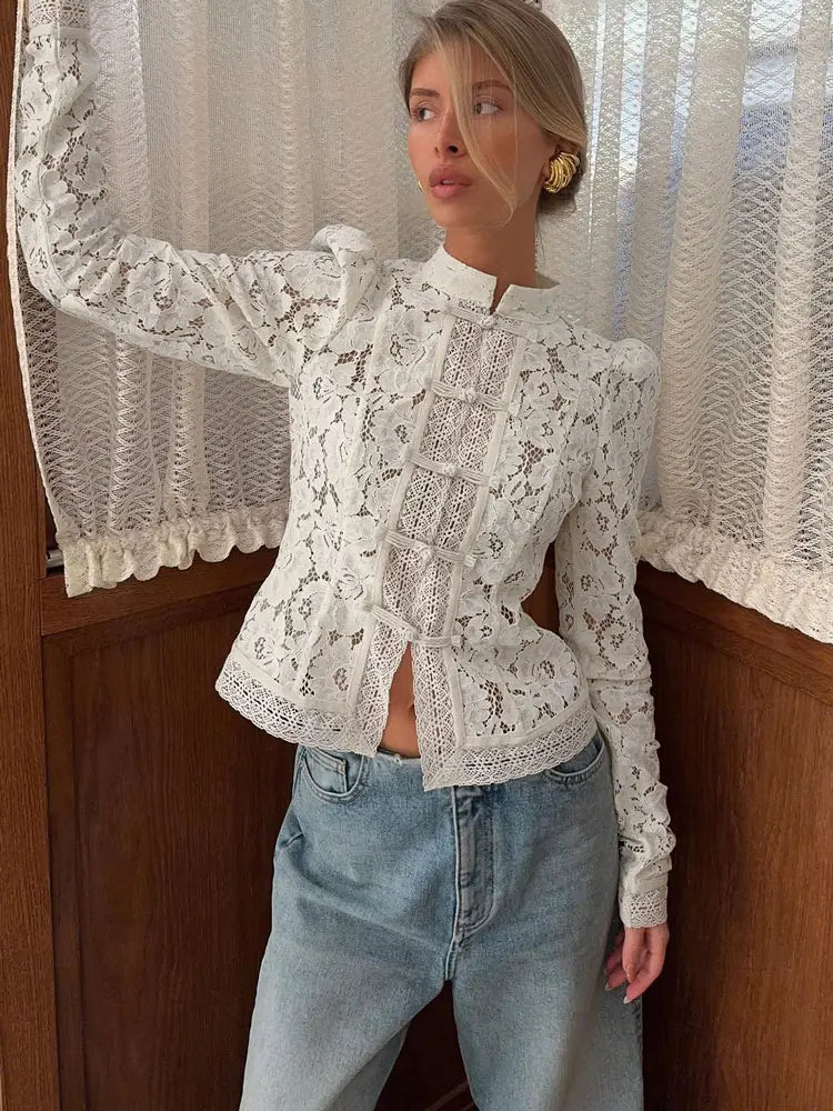 Women's Floral Lace High Neck Long Sleeve Blouse