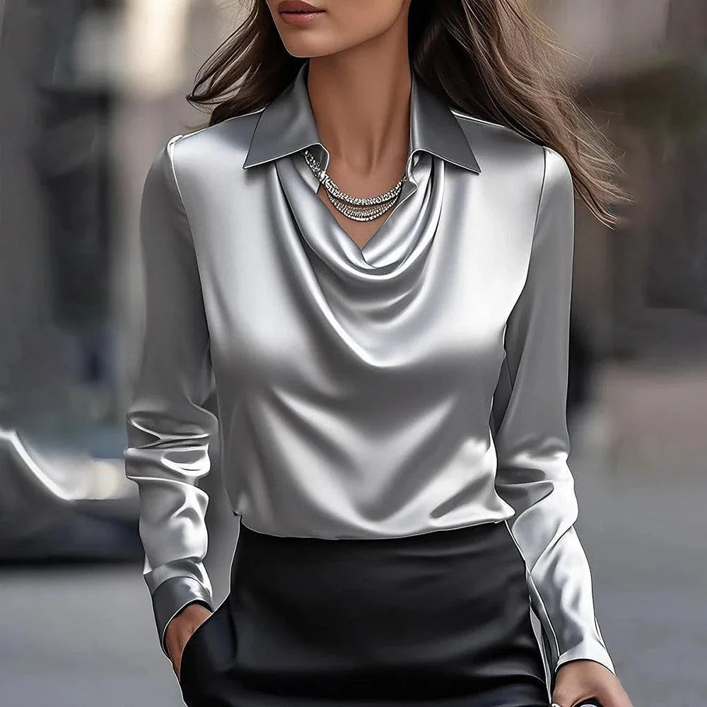 Women's Satin Look Cowl Neck Long Sleeve Blouse