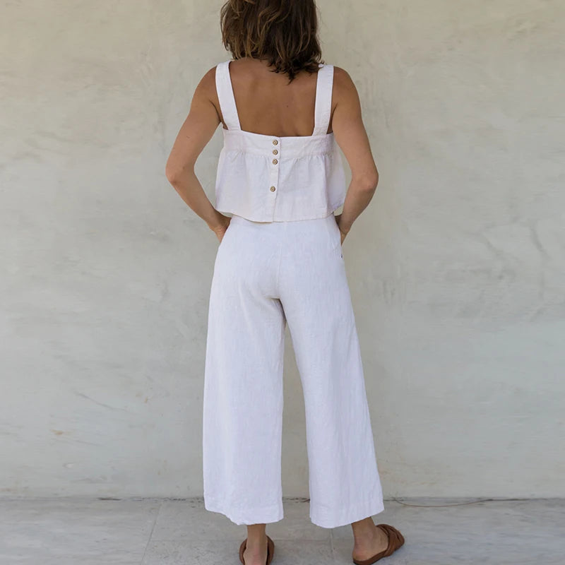 Women's Cotton-Linen Sleeveless Cropped Camisole Top with Button Detail for Summer Outfits