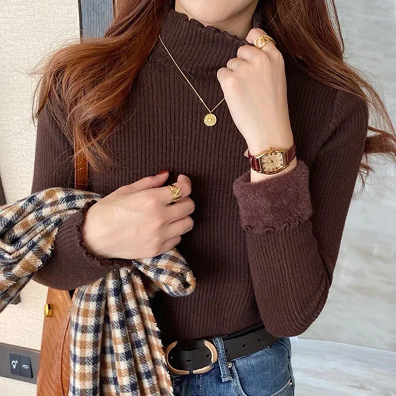 Women's Ribbed Mock Neck Flare Cuff Sweater Casual Knit Layer