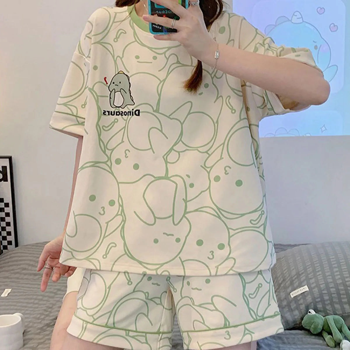 Women's Cartoon Print Short Sleeve Pajama Set with Top and Shorts