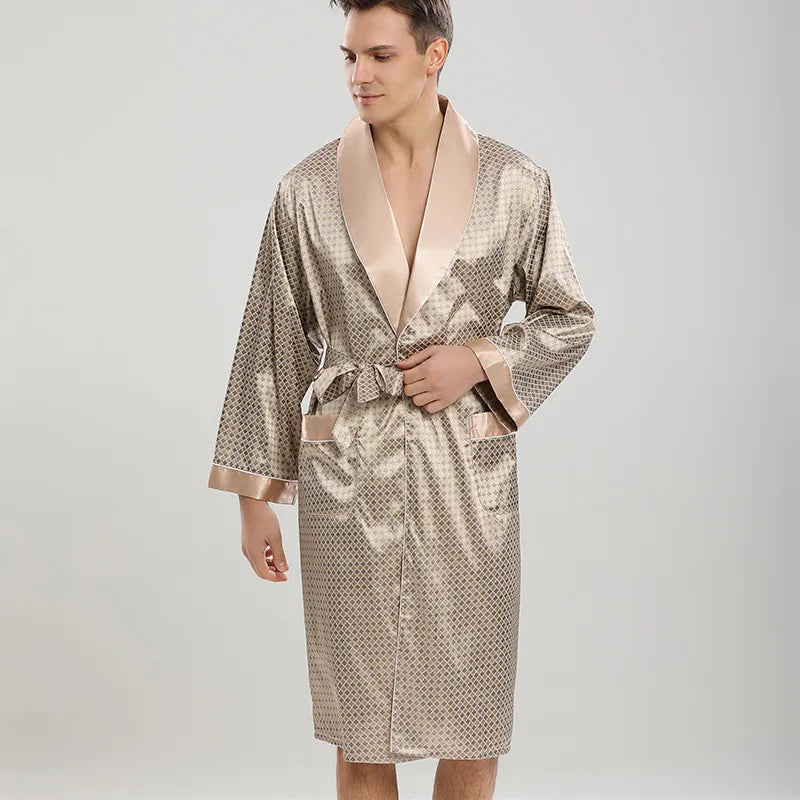 Men's Patterned Satin Long Sleeve Tie Waist Bathrobe with Pockets